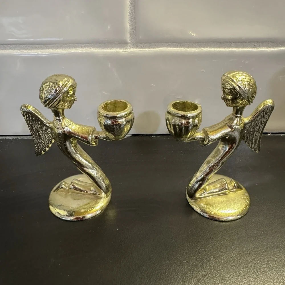 Brass Kneeling Angel Set of 2 Taper Candle Holders 3.5